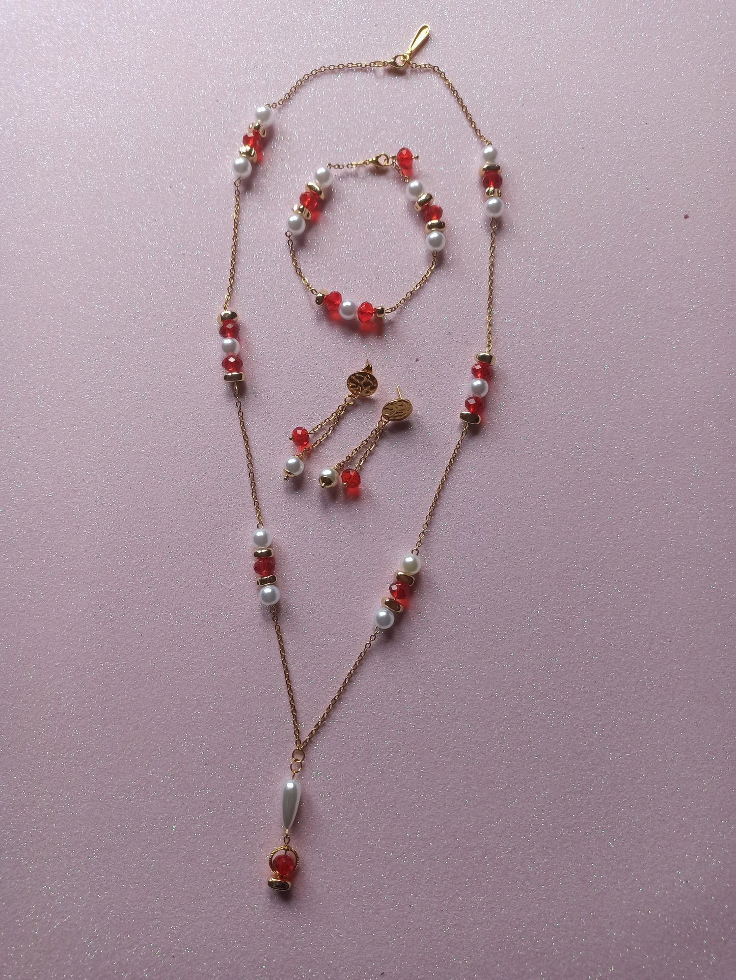 Conjunto Cristal Vermelho e Pérolas