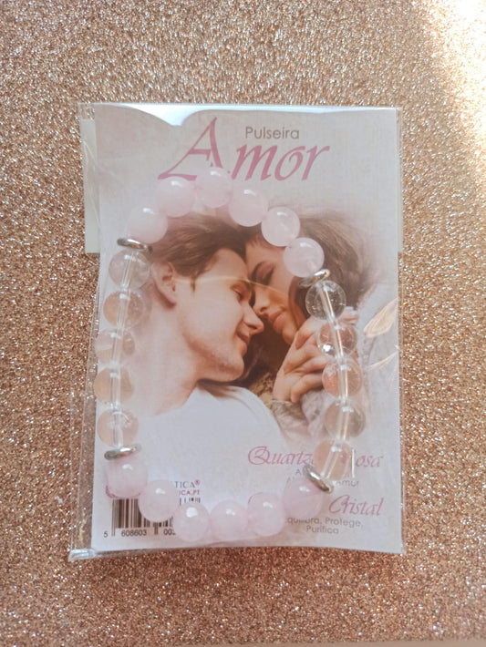 Pulseira Amor, com quartzo rosa e quartzo cristal