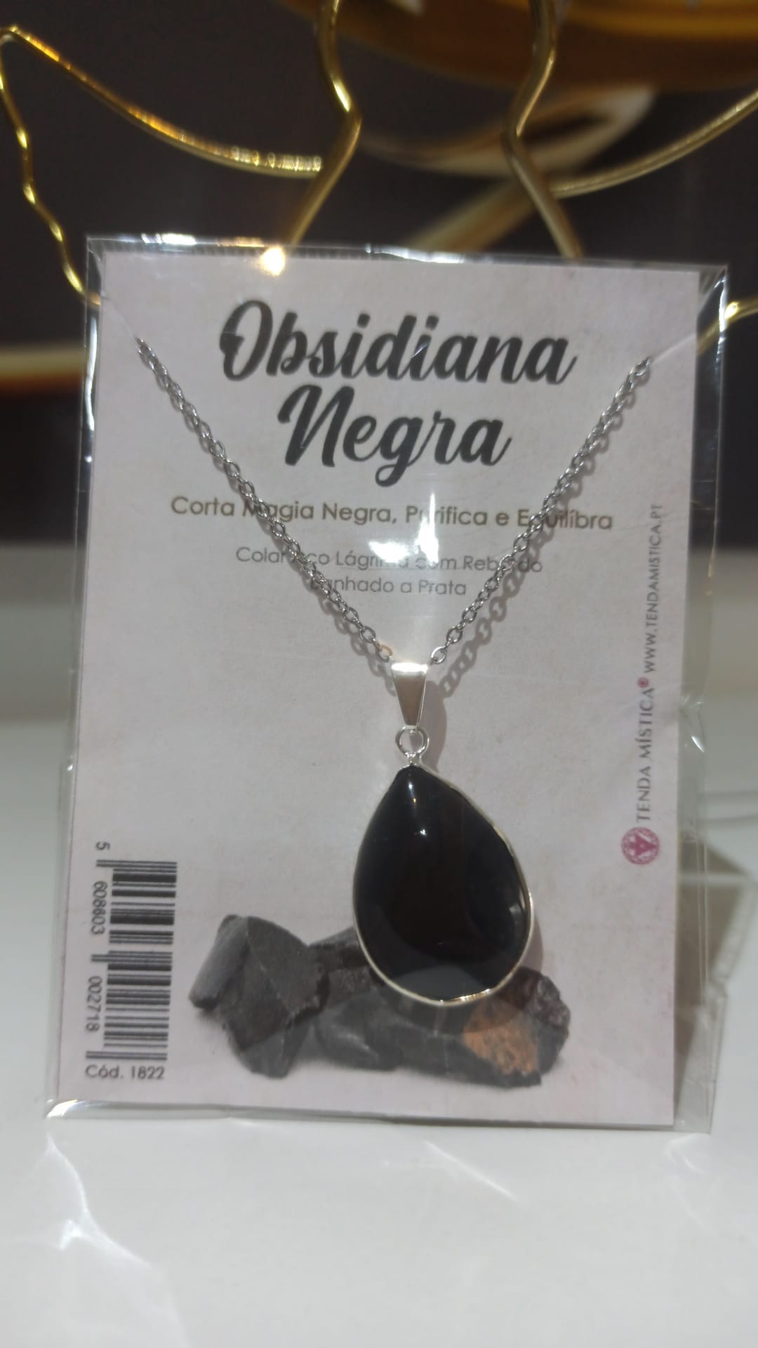 Colar Obsidiana Negra Aço Lágrima com rebordo banhado a prata