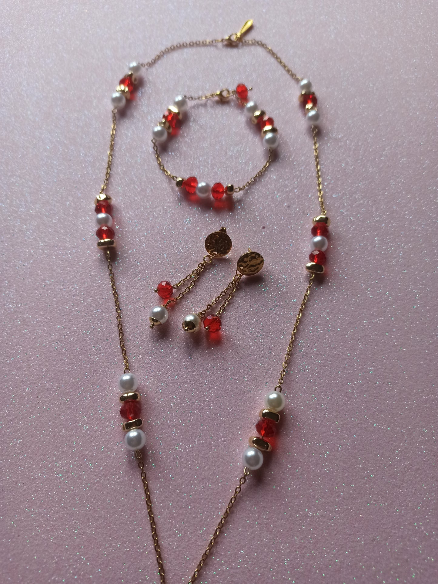 Conjunto Cristal Vermelho e Pérolas