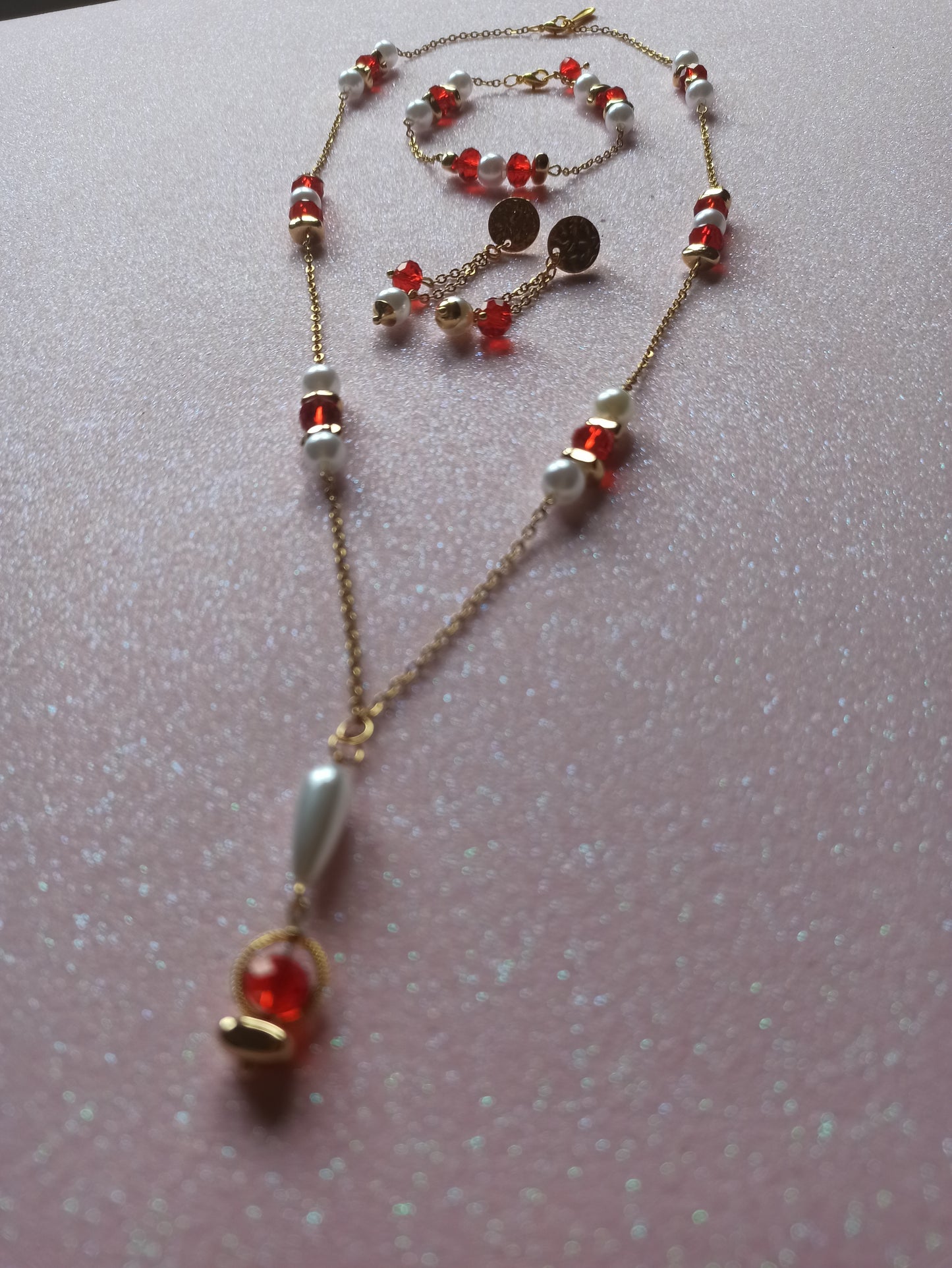 Conjunto Cristal Vermelho e Pérolas