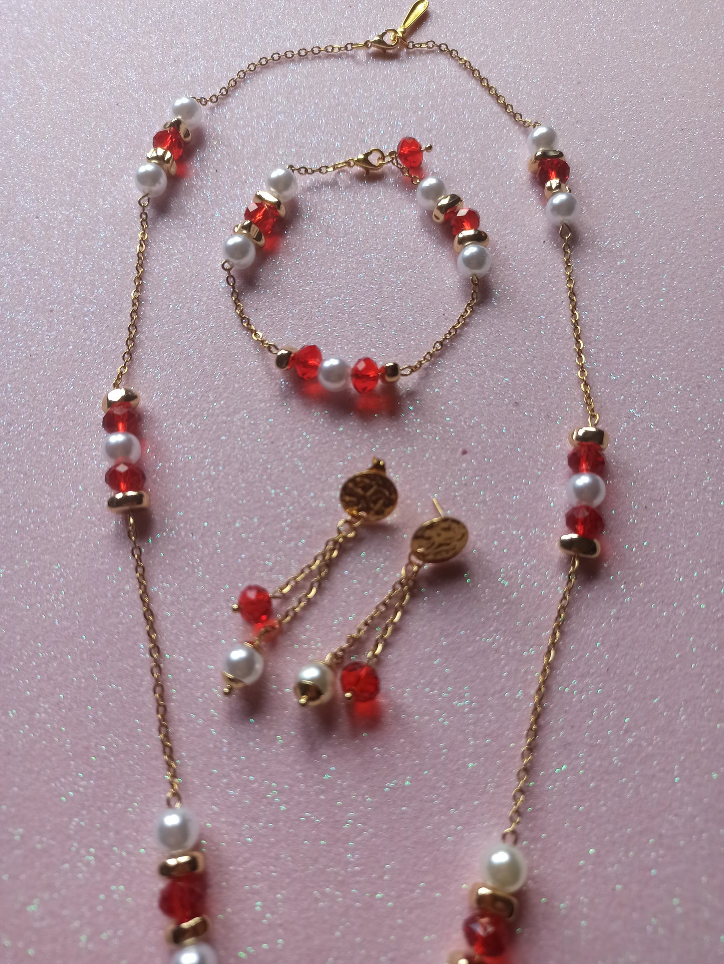 Conjunto Cristal Vermelho e Pérolas