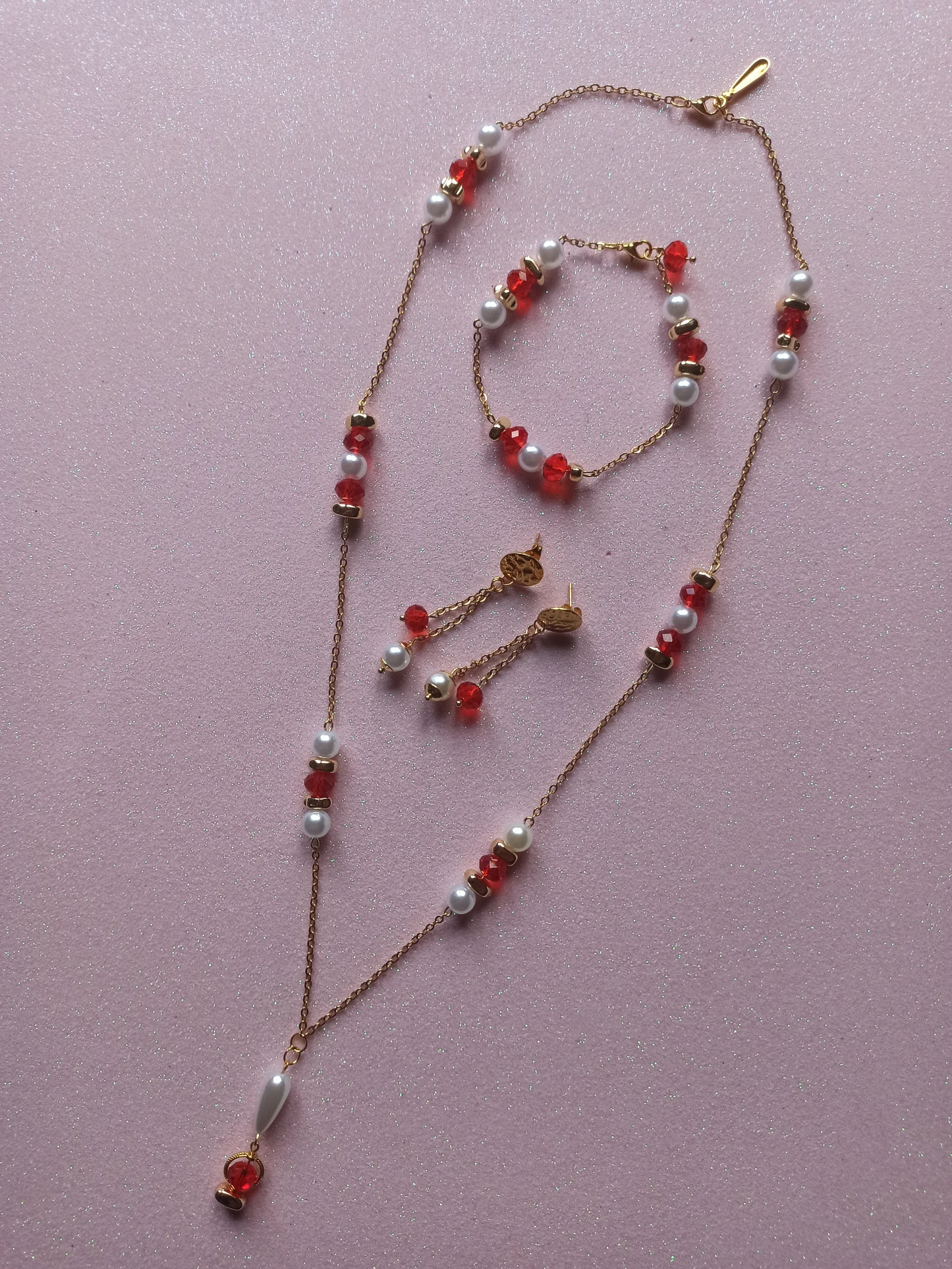 Conjunto Cristal Vermelho e Pérolas